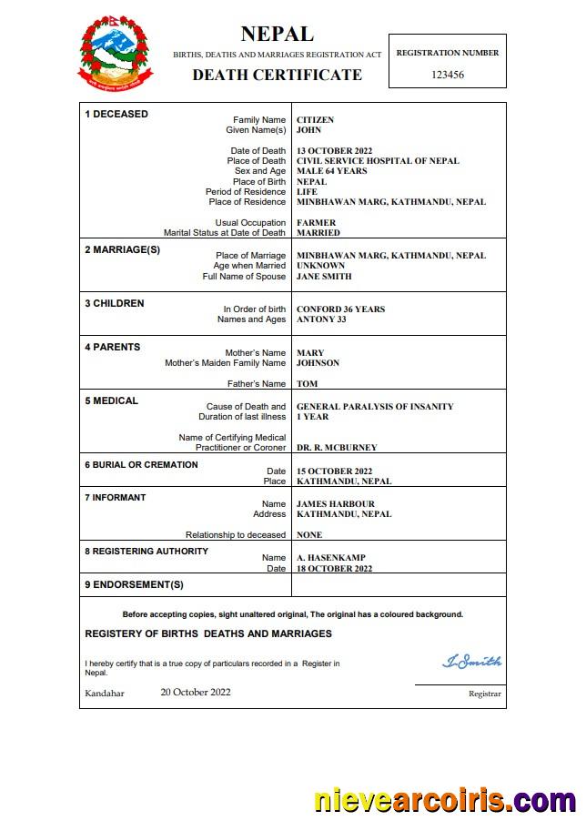 Nepal vital record death certificate